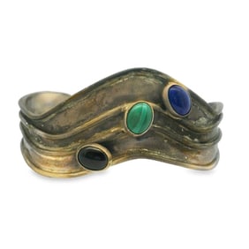 Designer Sterling Silver Onyx Lapis Malachite Cuff Bracelet