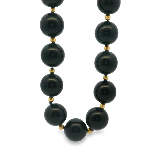 Onyx Beaded Necklace, 14K Gold: Onyx beaded necklace with 12mm beads, 14k spacers, 32"L.