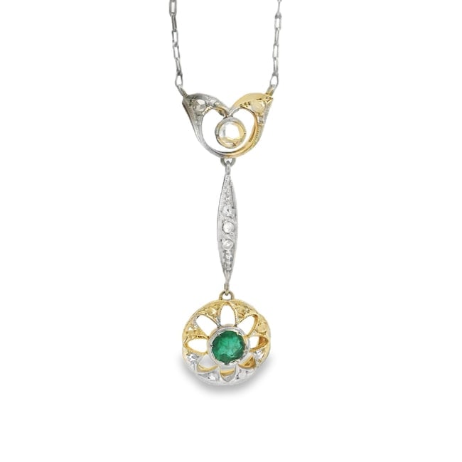 Antique 14K Gold Diamond and Emerald Pendant: Antique 14k yellow and white gold emerald and diamond pendant, 20"L. 0.20ct emerald, 0.25ctw diamonds. 3.7 grams.