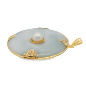 Chinese Jadeite and Pearl Bi Disc Pendant, 14K Gold