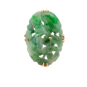 Vintage Hand Carved Jade Ring, 10K Gold