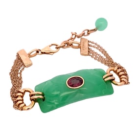Green Jade and Pink Tourmaline Bracelet, 14K Gold
