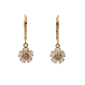 14 K yellow Gold Dangling Daisy Opal Diamond Earrings