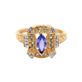 14 K Yellow Gold Tanzanite, Aquamarine and Diamond Ring