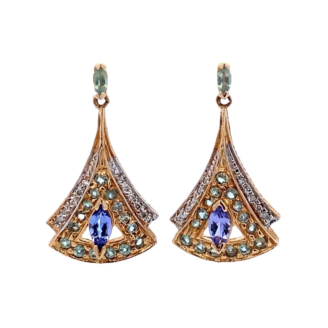 14 K Yellow Gold Vintage Chandelier Tanzanite, Aquamarine and Diamond Earrings: 5.6 grams of 14 K Yellow Gold. Excellent Condition. 1.5 inches Length x 0.6 Inches Width.