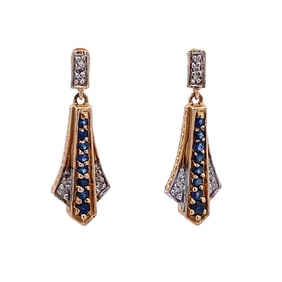 Estate Natural Sapphire and Diamond Dangle Earrings in 14K Yellow Gold