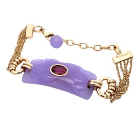 Lavender Jade and Pink Tourmaline Bracelet, 14K Gold