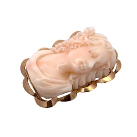 14 Karat Yellow Gold Hand Carved Angel Skin Coral High Relief Cameo