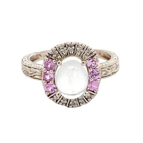 Vintage Moonstone Diamond and Pink Topaz 14 K White Gold Ring