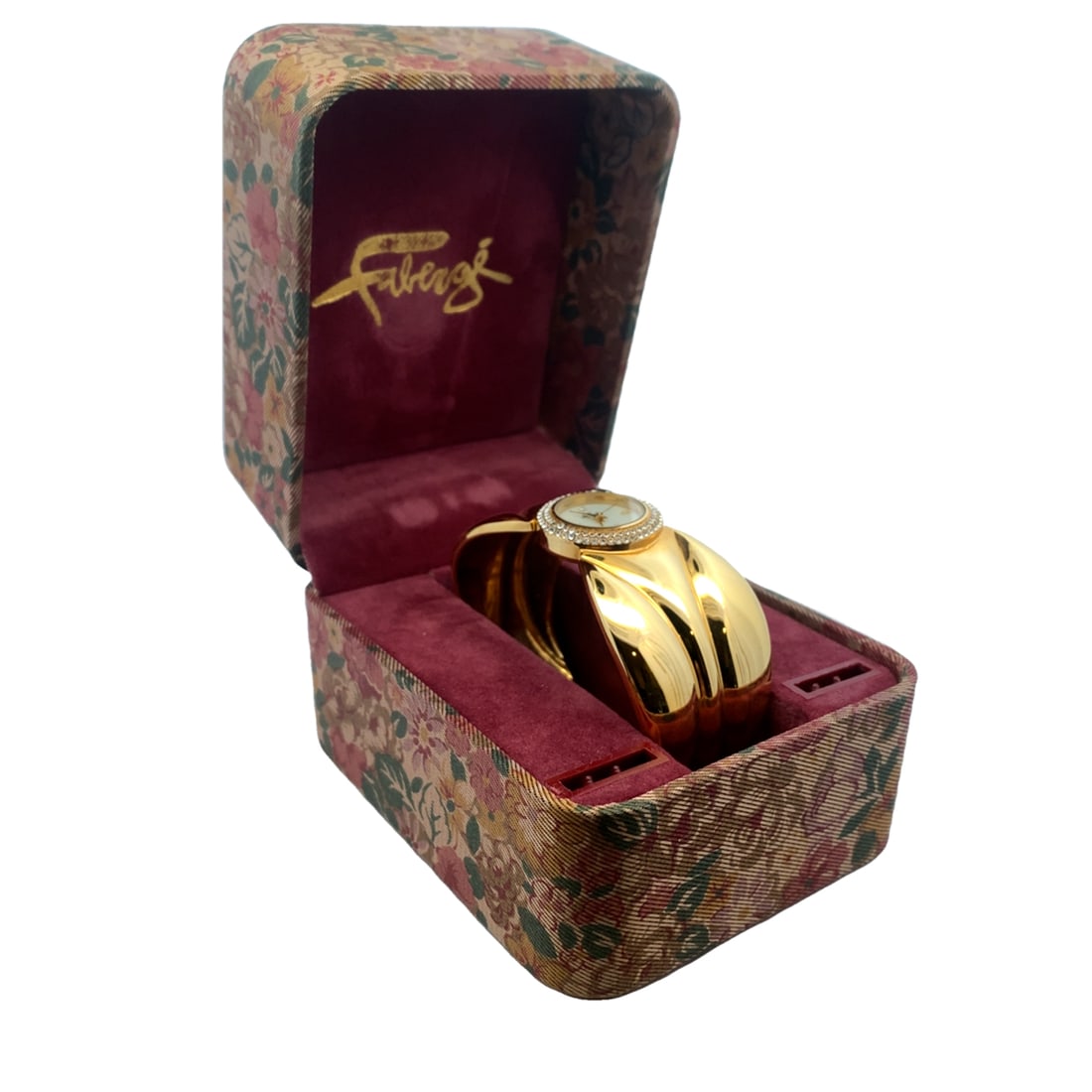 Fabergé Rhinestone Bangle Wristwatch in Gold Toned: Fabergé Rhinestone Bangle Wristwatch in Gold Toned, Measure: 6cm width x 3cm height, Case size: 2.5cm with crown, Weight: 83.73 grams