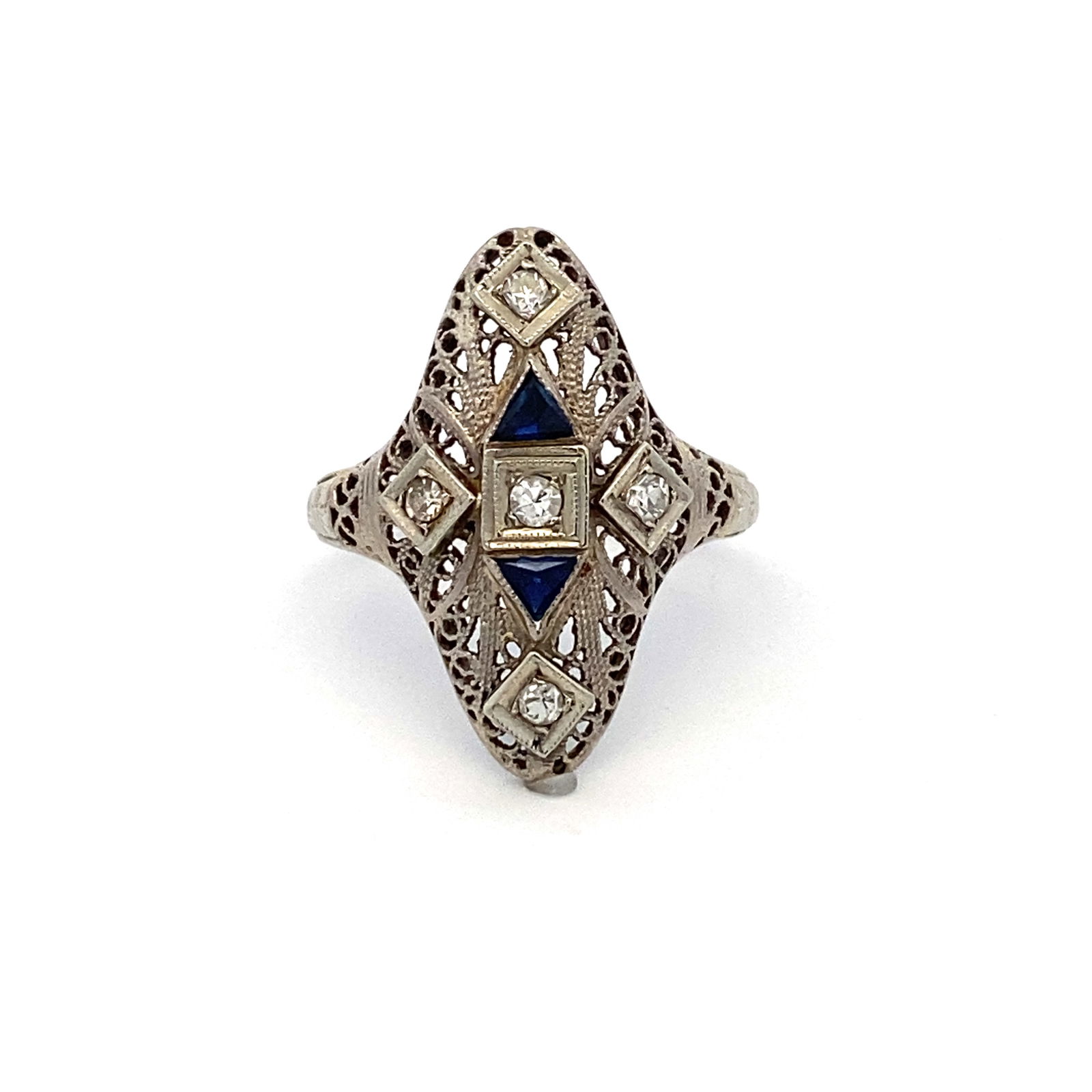 Estate Synthetic Sapphire and Diamond Shield Ring (1 of 6)