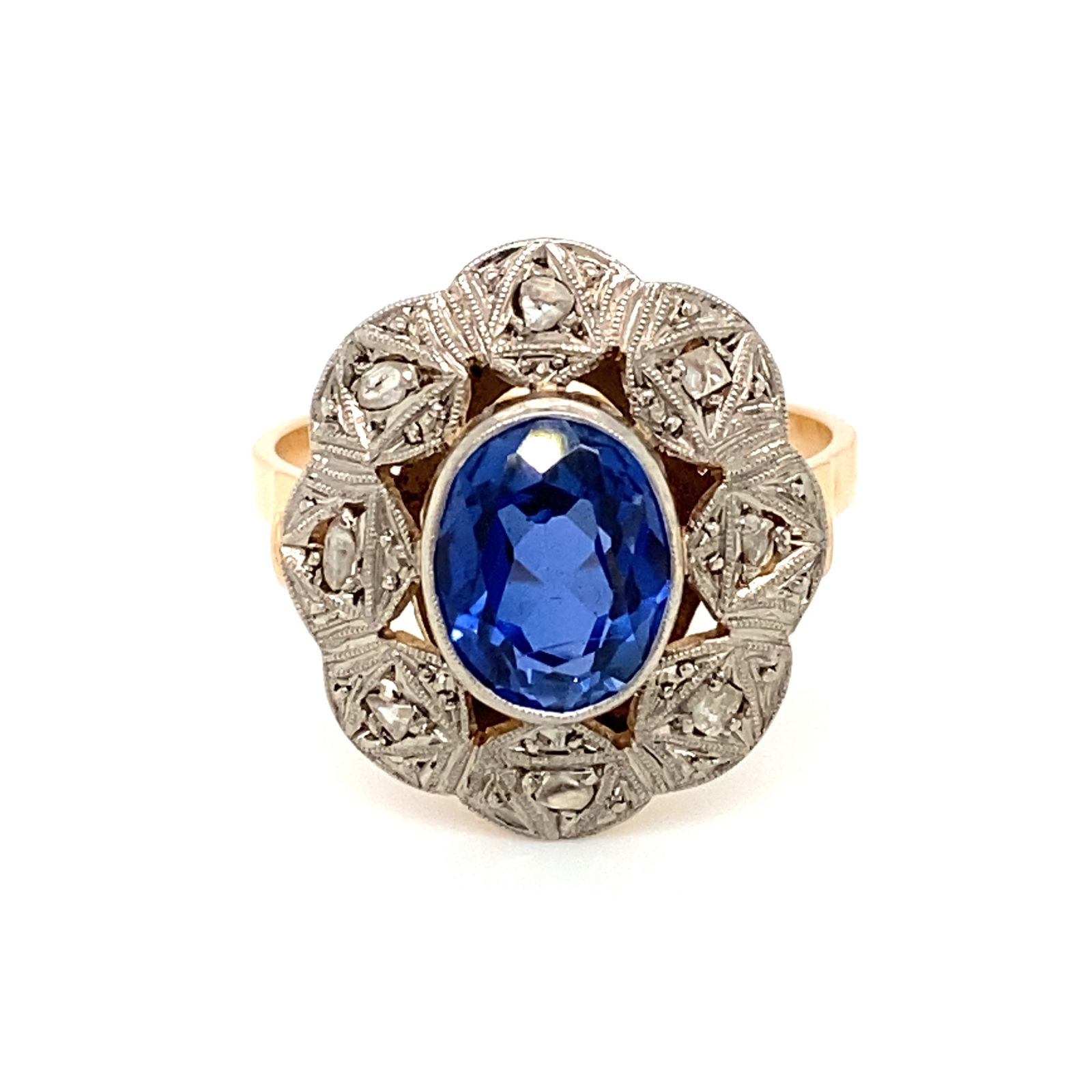 Circa 1940s Synthetic Sapphire and Diamond Ring in 14K Two Tone Gold (1 of 6)