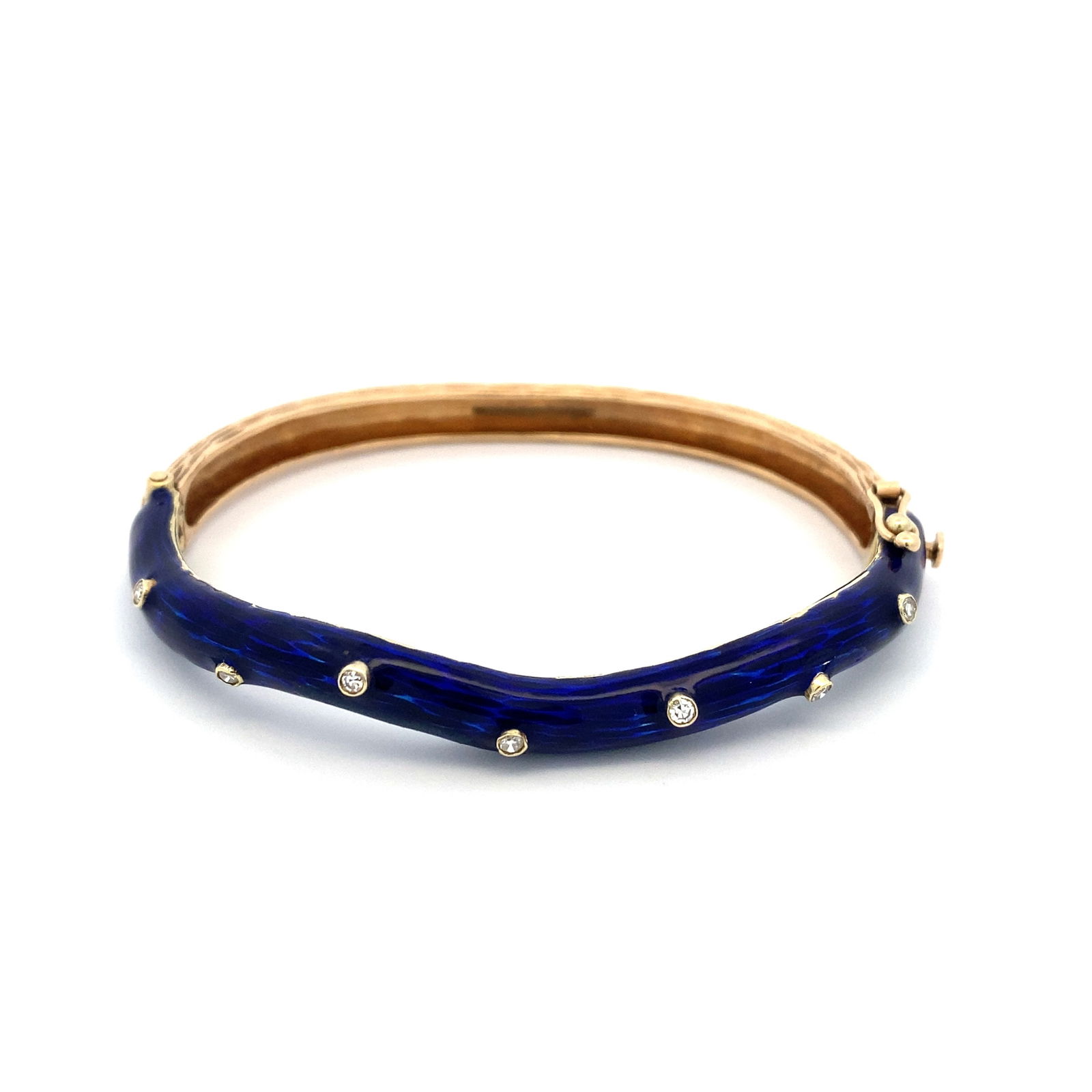 Estate Diamond and Blue Enamel Bangle Bracelet in 14K Yellow Gold (1 of 4)