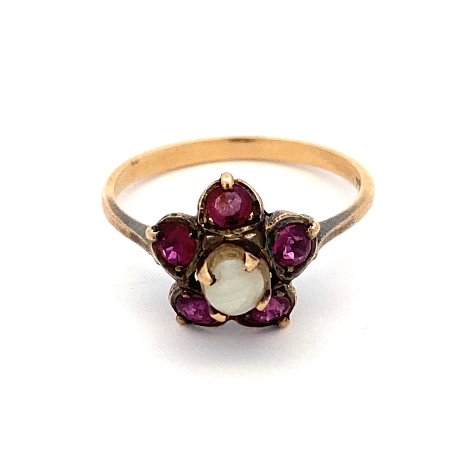 Estate Ruby and Pearl Flower Ring in 14K Yellow Gold (1 of 6)