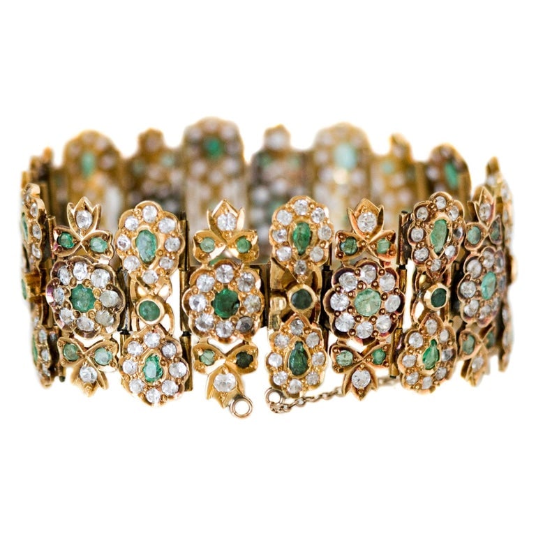 Victorian Natural Emerald, Diamond Paste and 18 Karat Yellow Gold Link Bracelet (1 of 7)