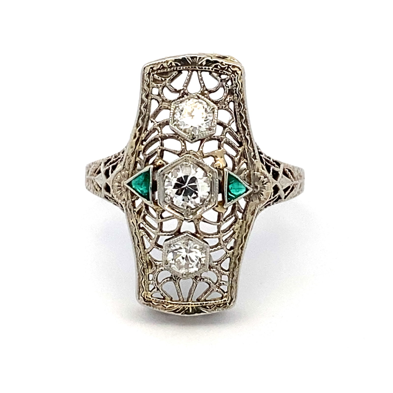 Synthetic Emerald and Diamond Filigree Ring in 14K White Gold (1 of 6)