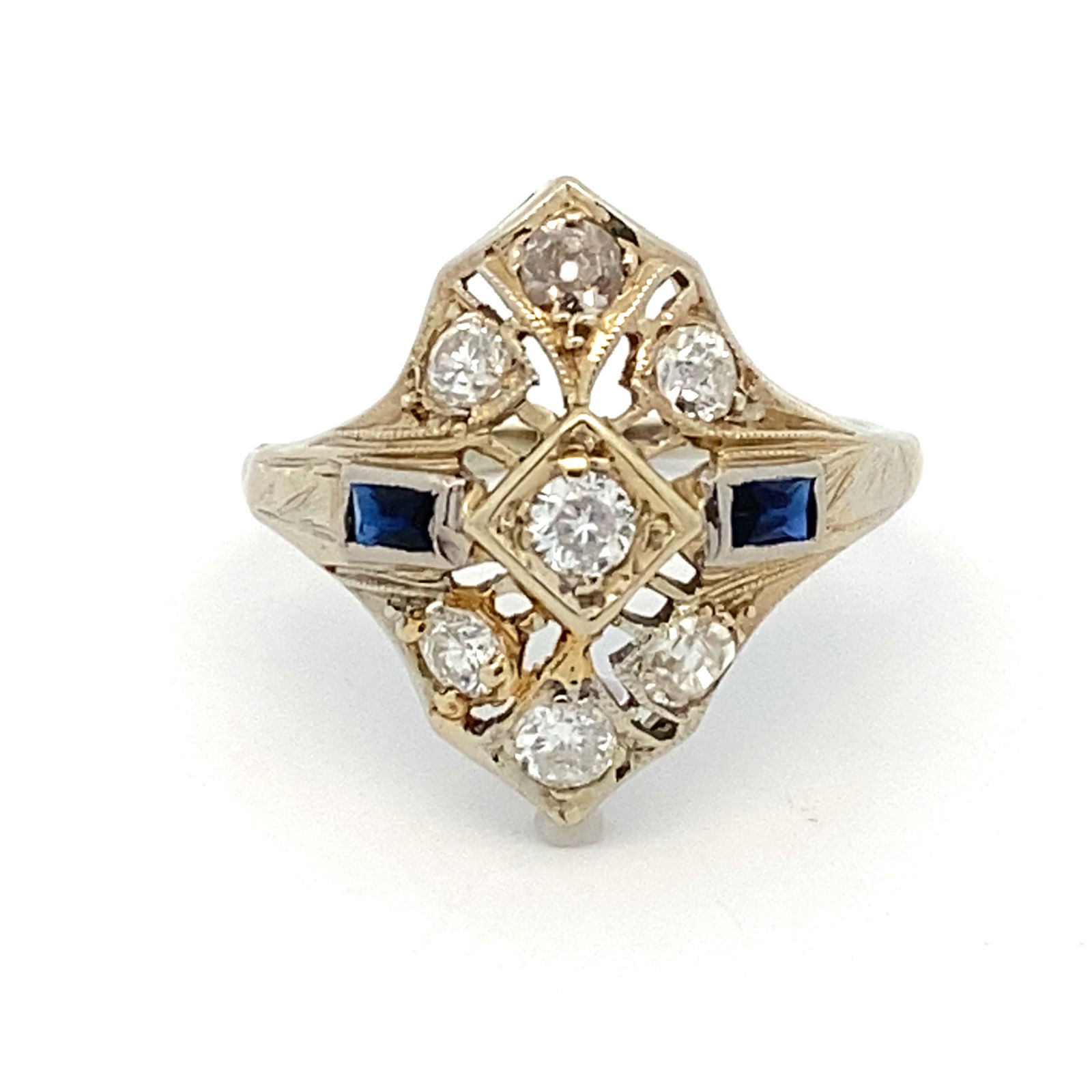Antique Art Deco Synthetic Sapphire and Diamond Ring in 18K White Gold (1 of 6)