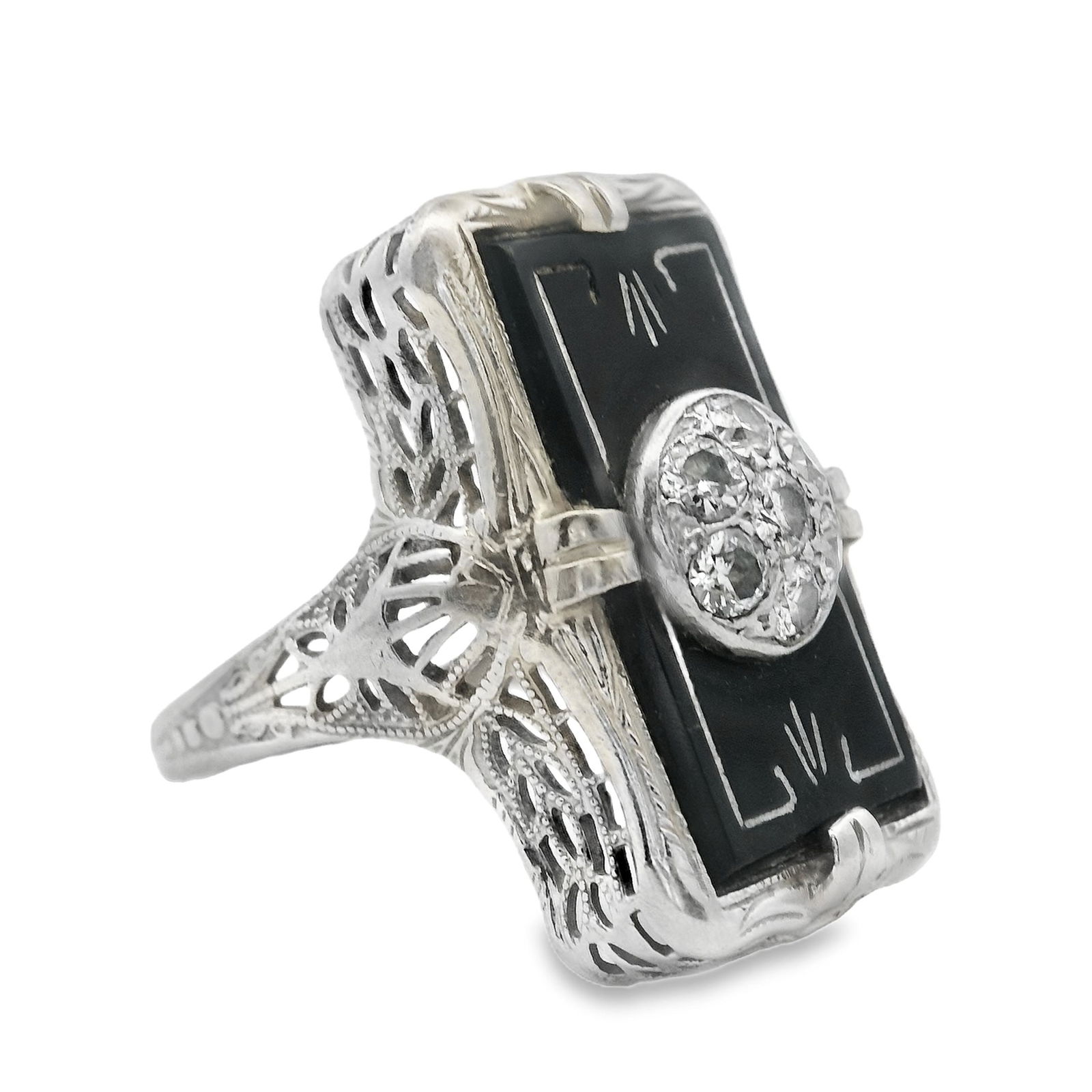 Art Deco Onyx and Diamond Filigree Ring (1 of 7)