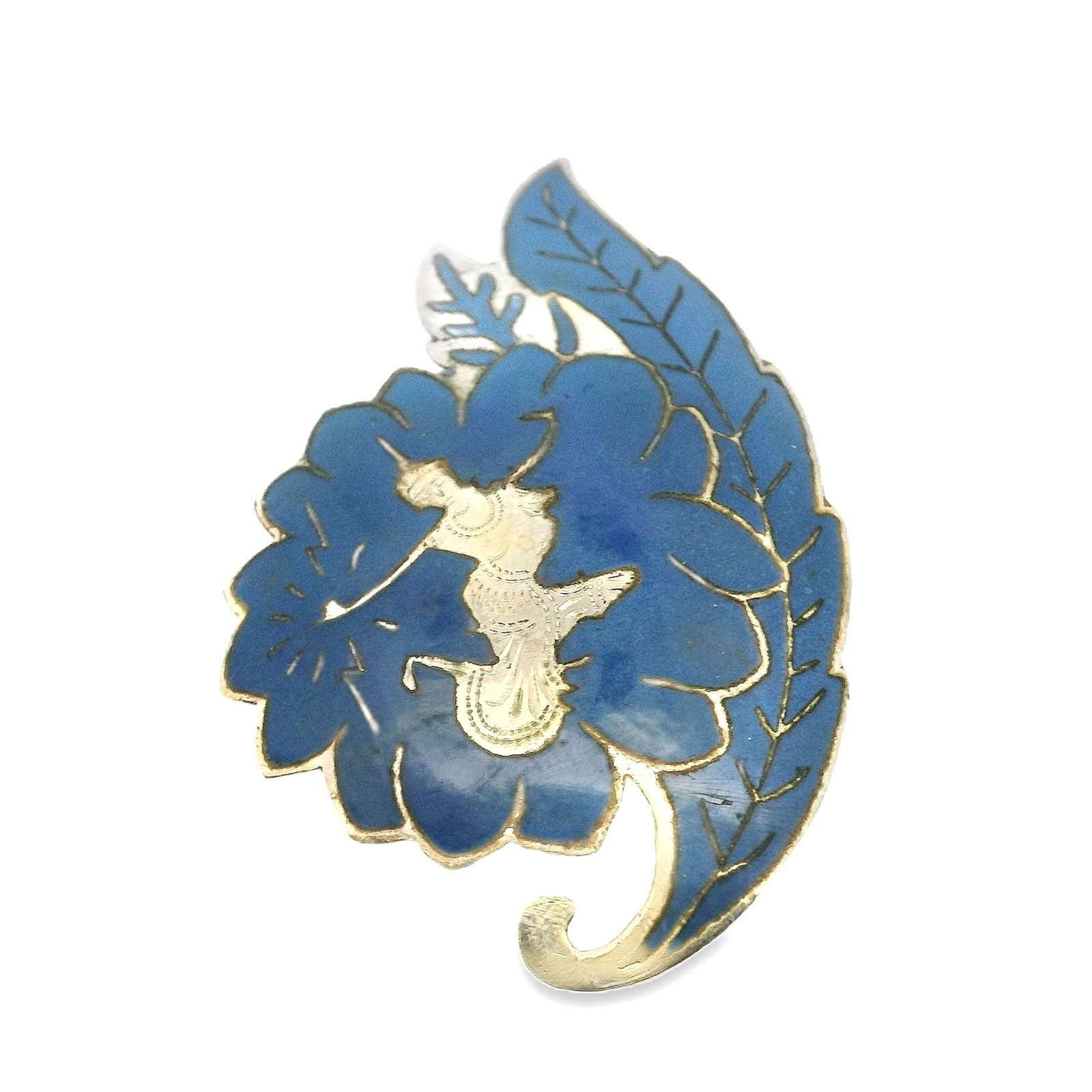 Thailand Sterling Silver Enamel Brooch: Thai sterling silver blue enamel brooch, with dancer and leaf motif, 5.8cm L, 6.85 grams