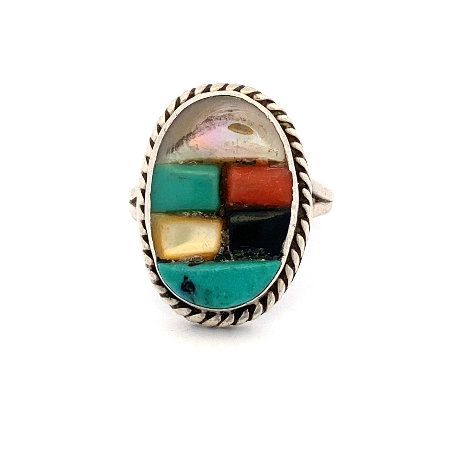 Multi-Gemstone Inlay Ring, Sterling Silver: Sterling silver multi-stone inlay ring with turquoise, onyx, coral, abalone and mother of pearl, size US 6, 5.4 grams
