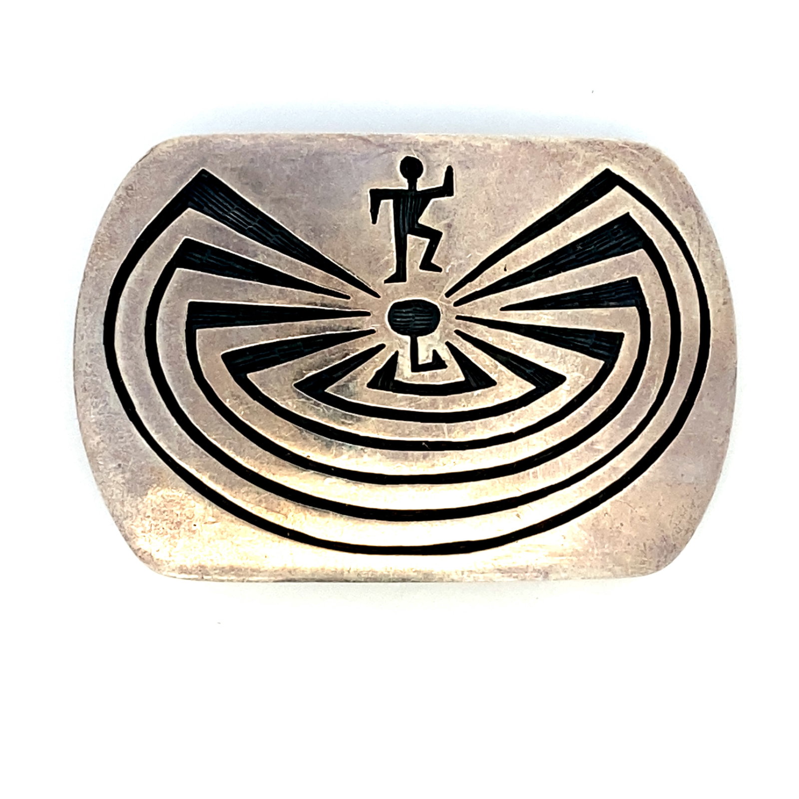 Sterling Silver Native American Man in Maze Belt Buckle: Sterling silver "Man in Maze" design belt buckle, with picto artisan mark, 2.25"H, x 1.5"W, 35.2g