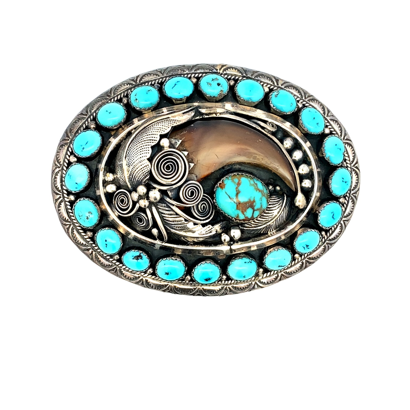 Vintage Native American Turquoise and Claw Belt Buckle: Sterling silver belt buckle with claw and turquoise stones, 3.5"W x 2.75"H, 85.5g