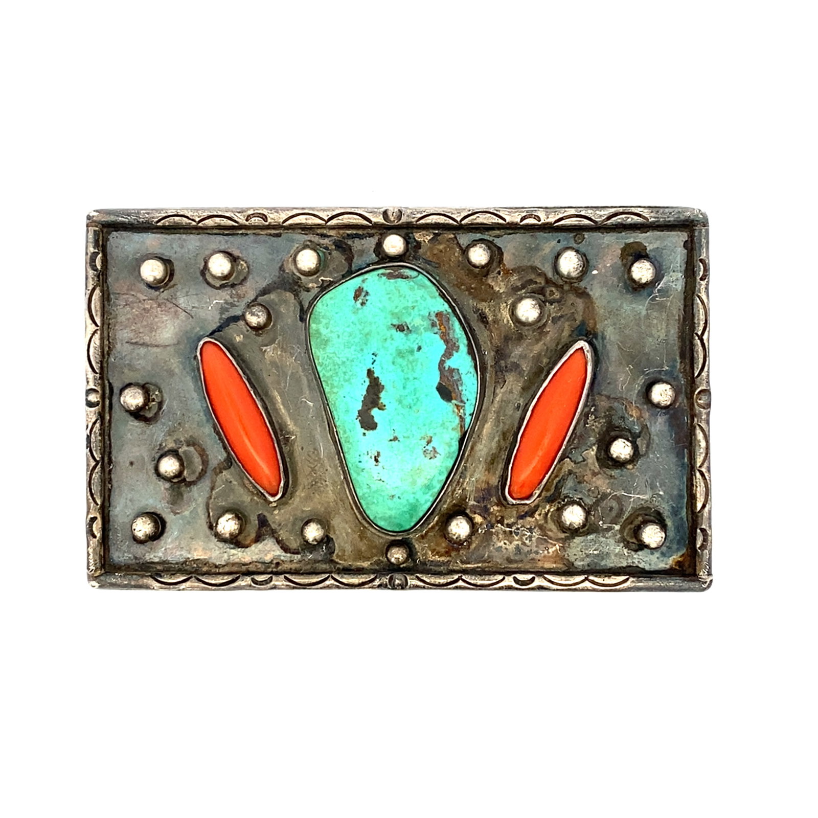 Estate Native American Coral and Turquoise Belt Buckle in Sterling Silver: Estate Native American coral and turquoise belt buckle in sterling silver, Measure: 8.2cm width x 5cm height, Weight: 68.2 grams