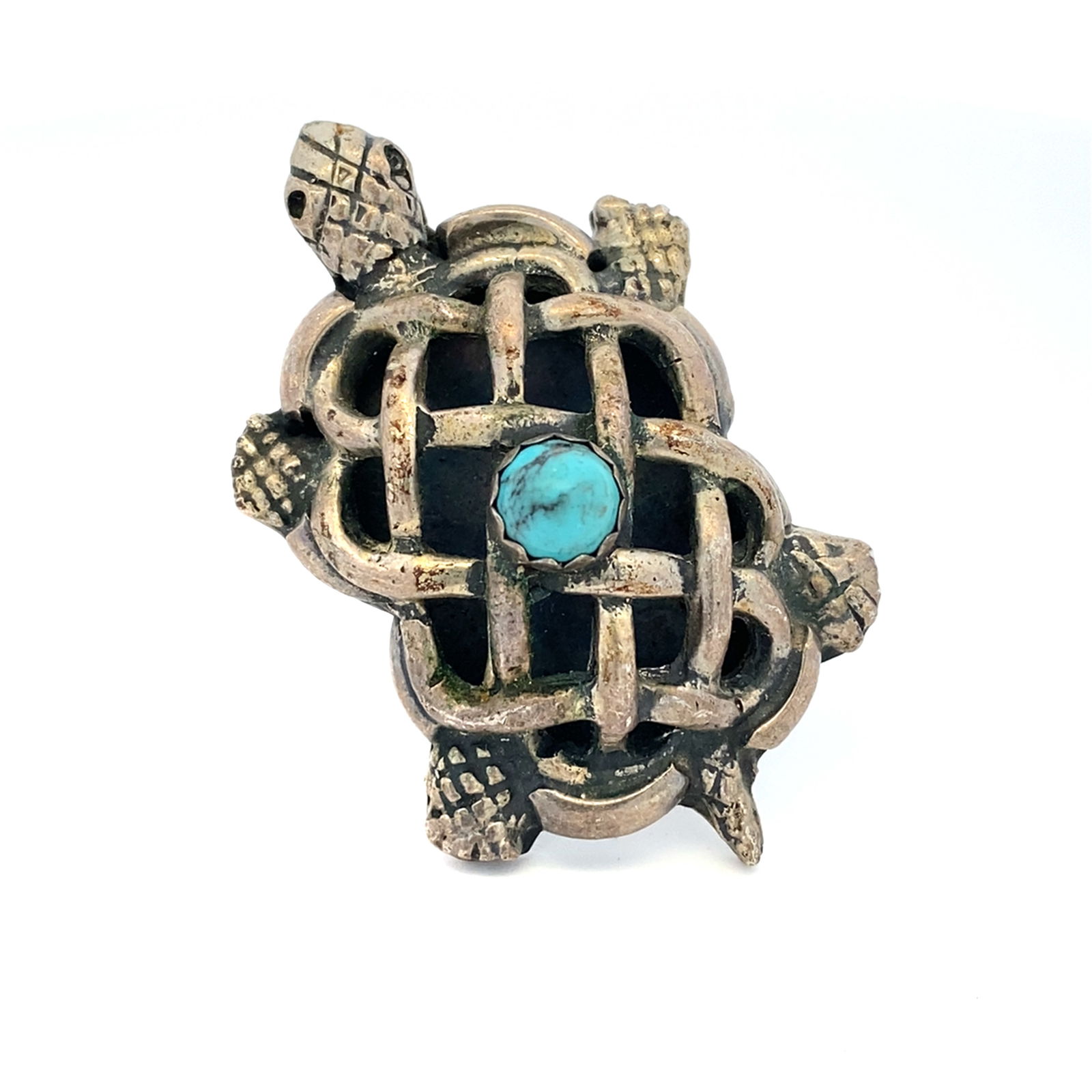 Estate Native American Artist Signed Turquoise Turtle Ring in Sterling Silver (1 of 5)