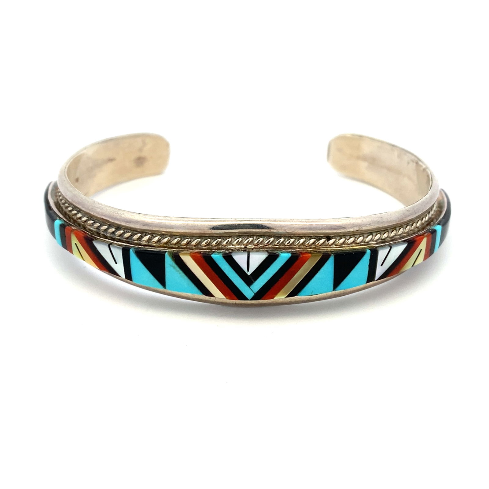 Vintage Native American Artisan Signed "Zuni" Gemstone Inlay Cuff Bracelet in Sterling Silver (1 of 1)