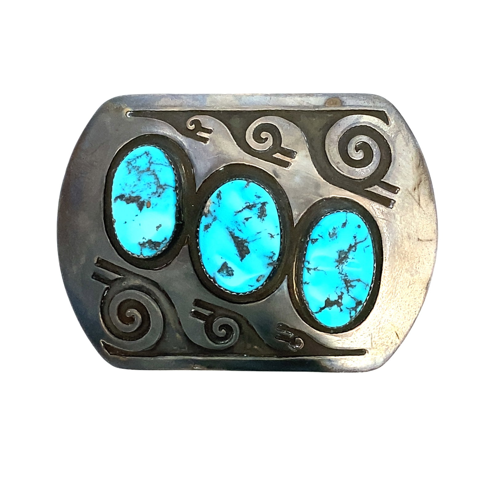 Rosco Scott Turquoise Cluster Belt Buckle in Sterling Silver: Rosco Scott turquoise cluster belt buckle in sterling silver, Measure: 7.5cm width x 5.4cm height, Weight: 45.5 grams