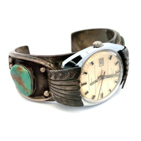 Vintage Navajo Turquoise Cuff Bracelet Watch Timex Automatic