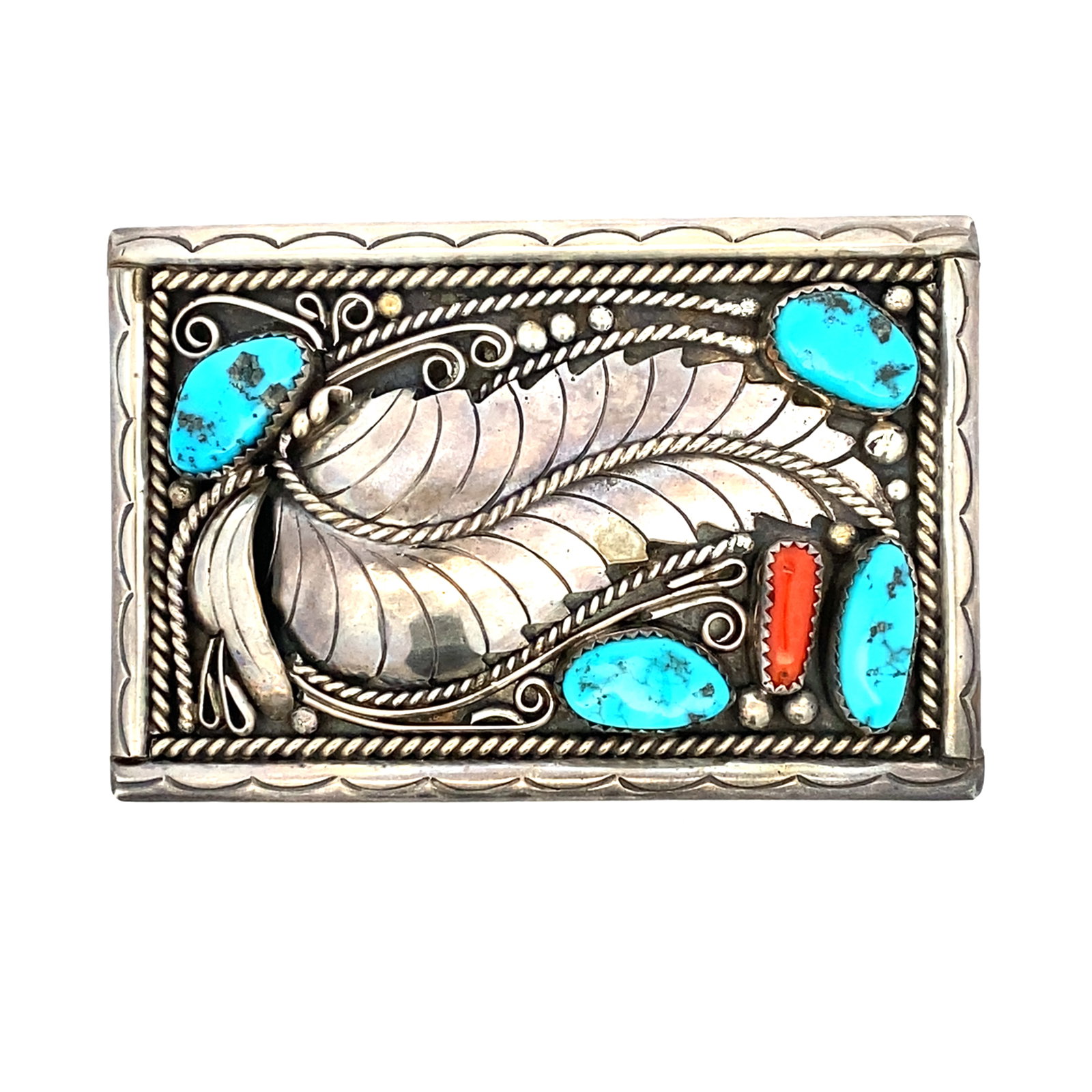 Native American Signed "CJT" Turquoise and Coral Belt Buckle in Sterling Silver: Native American signed "CJT" turquoise and coral belt buckle in sterling silver, Measure: 7.5cm width x 5cm height, weight: 55.0 grams