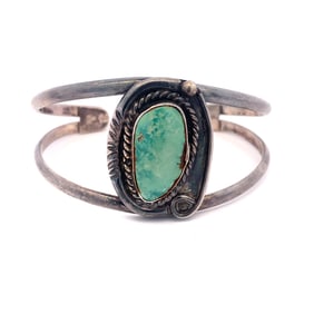 Vintage Native American Artisan Signed Turquoise Cuff Bracelet in Sterling Silver