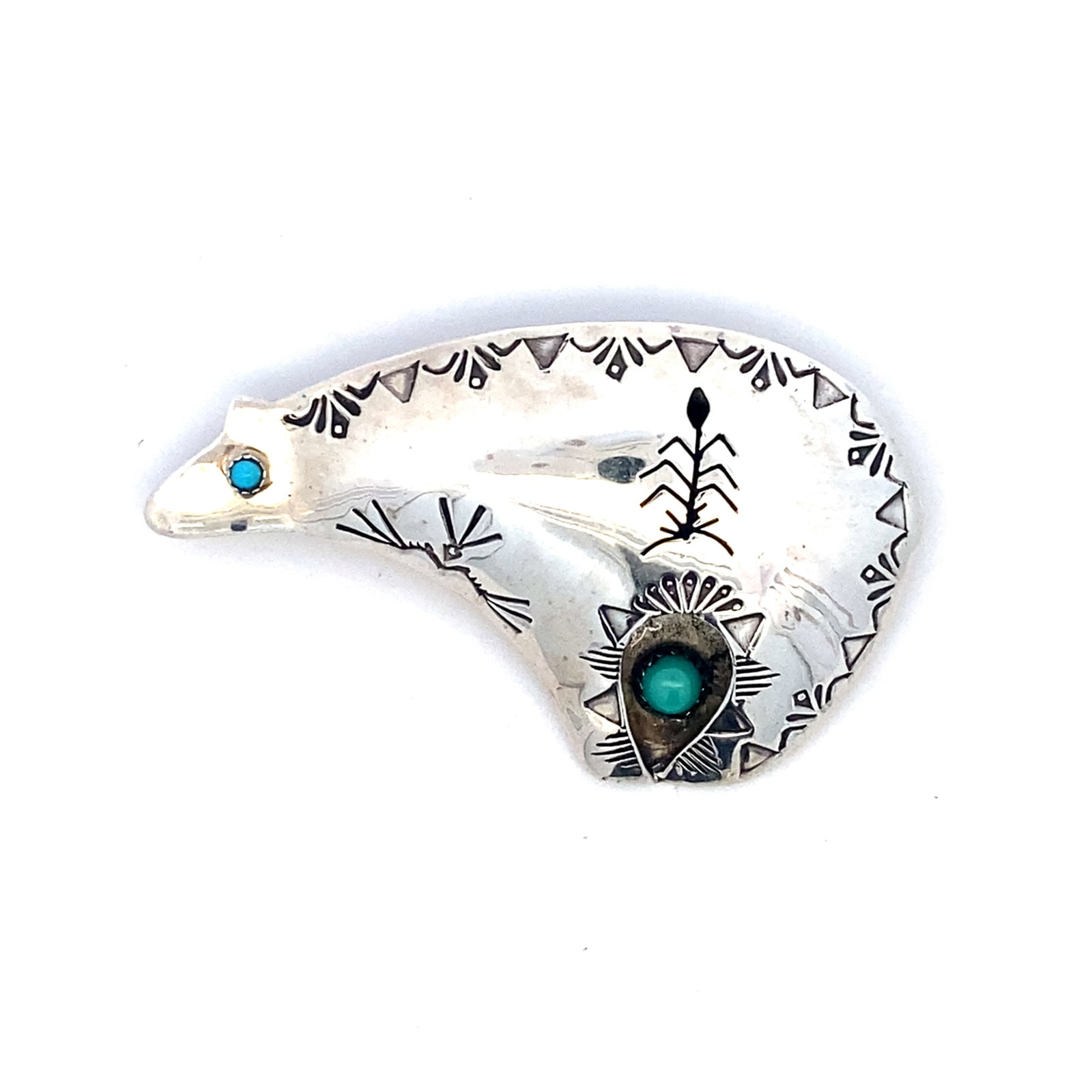 Vintage Native American Turquoise Bear Brooch/Pendant in Sterling Silver: Vintage Native American turquoise bear brooch/pendant in sterling silver, Measure: 6.9cm width x 3.5cm height, Weight: 12.0 grams
