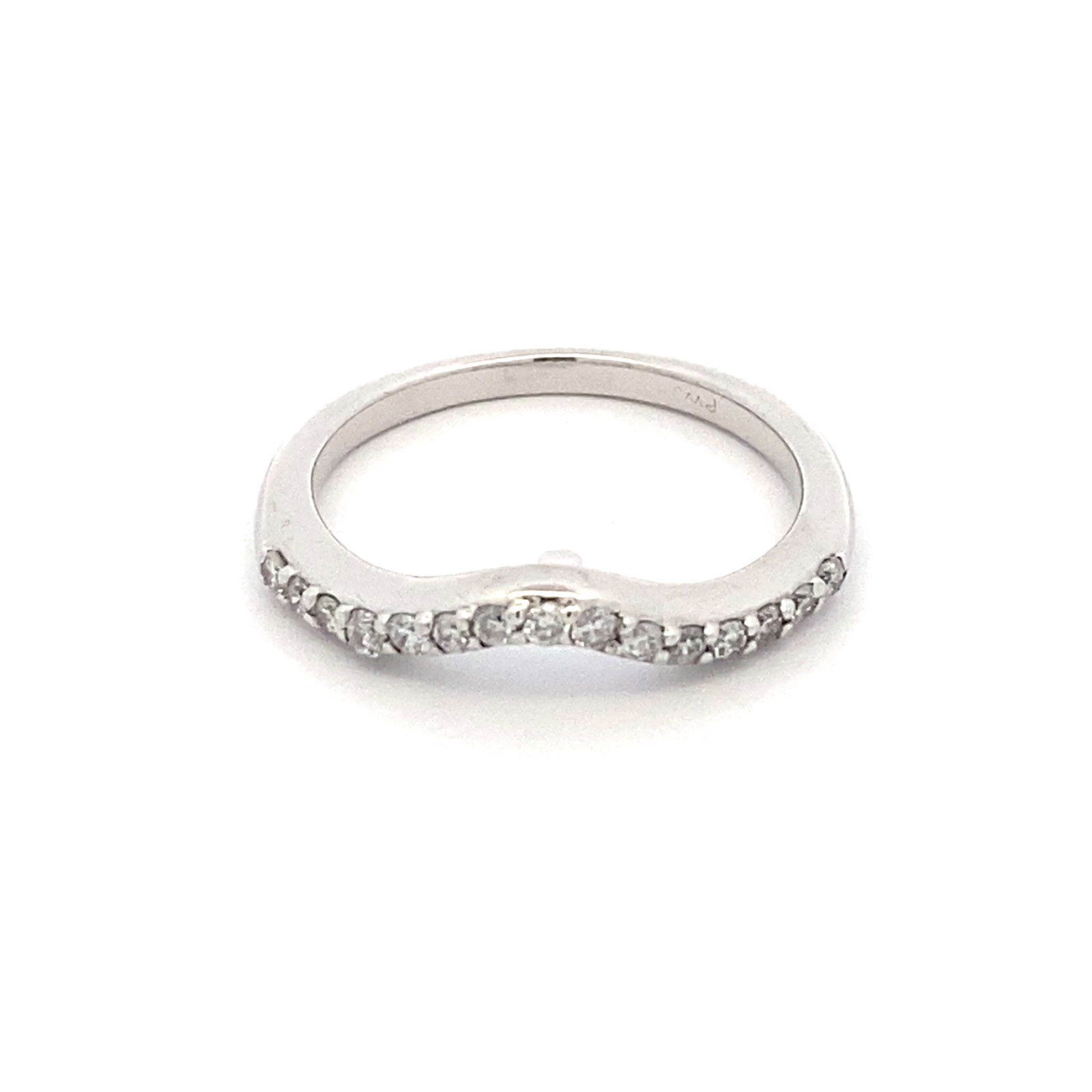 Curved Wedding Band Ring with Diamonds in 14K White Gold: 14k white gold curved wedding band with diamonds apx 0.15ctw, stamped PWJ, size 6, 2.3g. LA252
