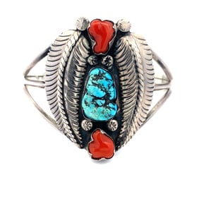 Vintage C.V. Hill Navajo Turquoise and Coral Cuff Bracelet in Sterling Silver