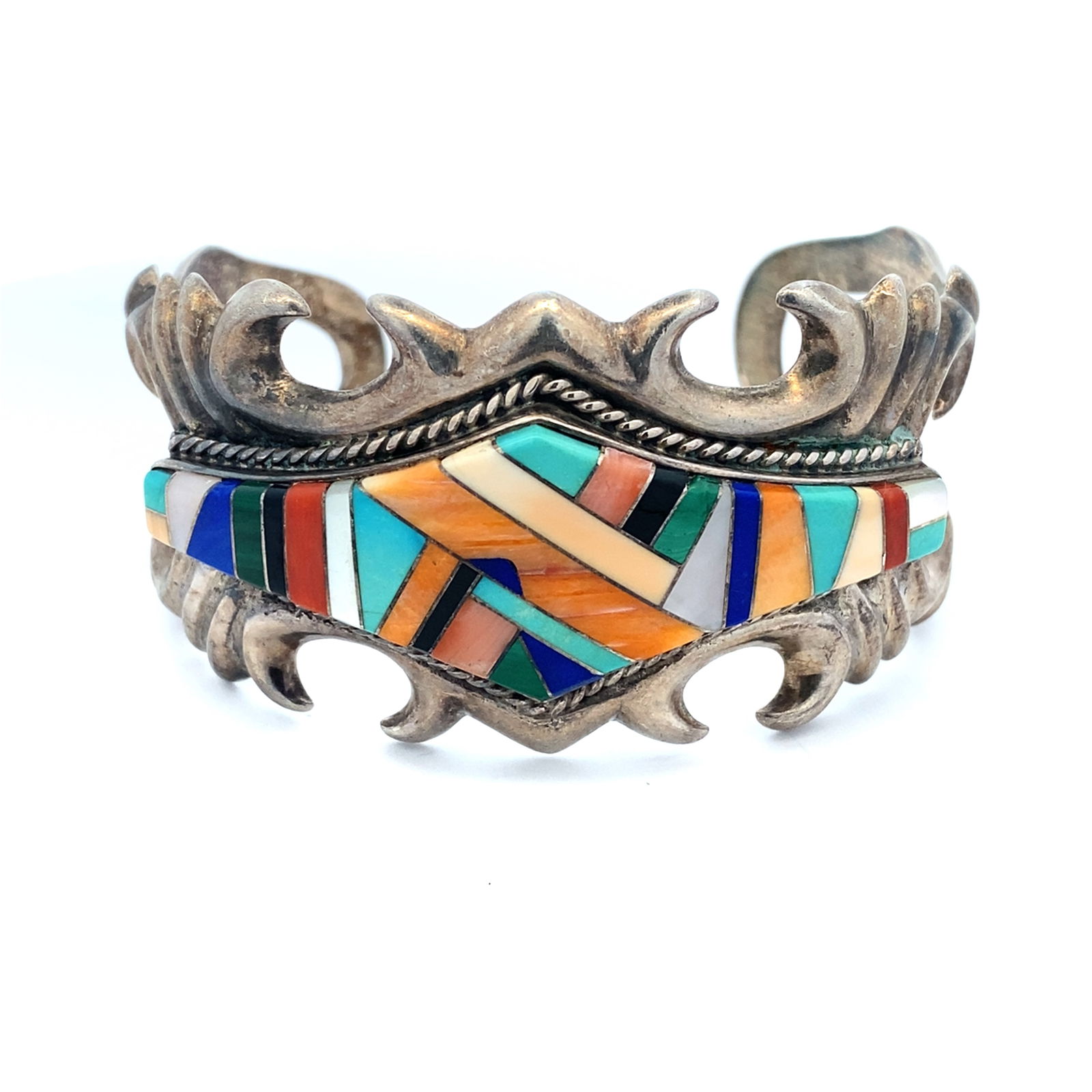Artisan Signed Native American Multi-Gemstone Inlay Cuff Bracelet in Sterling Silver (1 of 5)