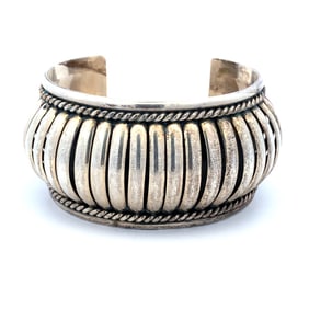 Native American Signed "PA" Woven Design Cuff Bracelet in Sterling Silver