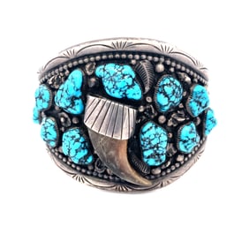 Vintage Native American Signed "E. Francis" Turquoise and Bear Claw Cuff Bracelet in Sterling Silver