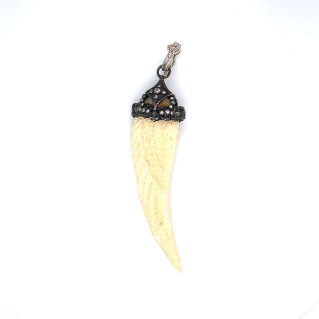 Armenta Collection Angel Wing Pendant: Armenta Collection carved bone angel wing pendant in 18k white gold/.925 sterling silver, with diamond accents. 3" L, 7.9g