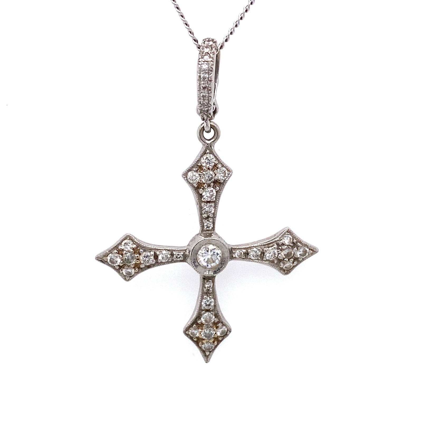 Diamond Stamped Cross Pendant in 18K White Gold: 18k white gold diamond cross pendant, 0.50ctw diamonds VS-SI clarity, stamped with maker's mark, 1.6"L, 4.9g