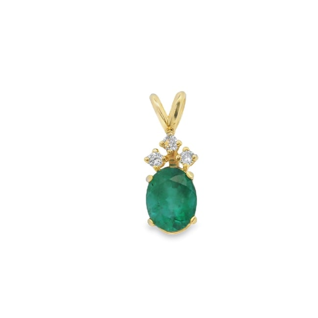 1.50ct Emerald and Diamond Pendant, 14K Gold: 14K yellow gold diamond and emerald pendant. 1.50 carat oval emerald with 0.18ctw accent diamonds, SI clarity. No chain included. 1.4 grams.
