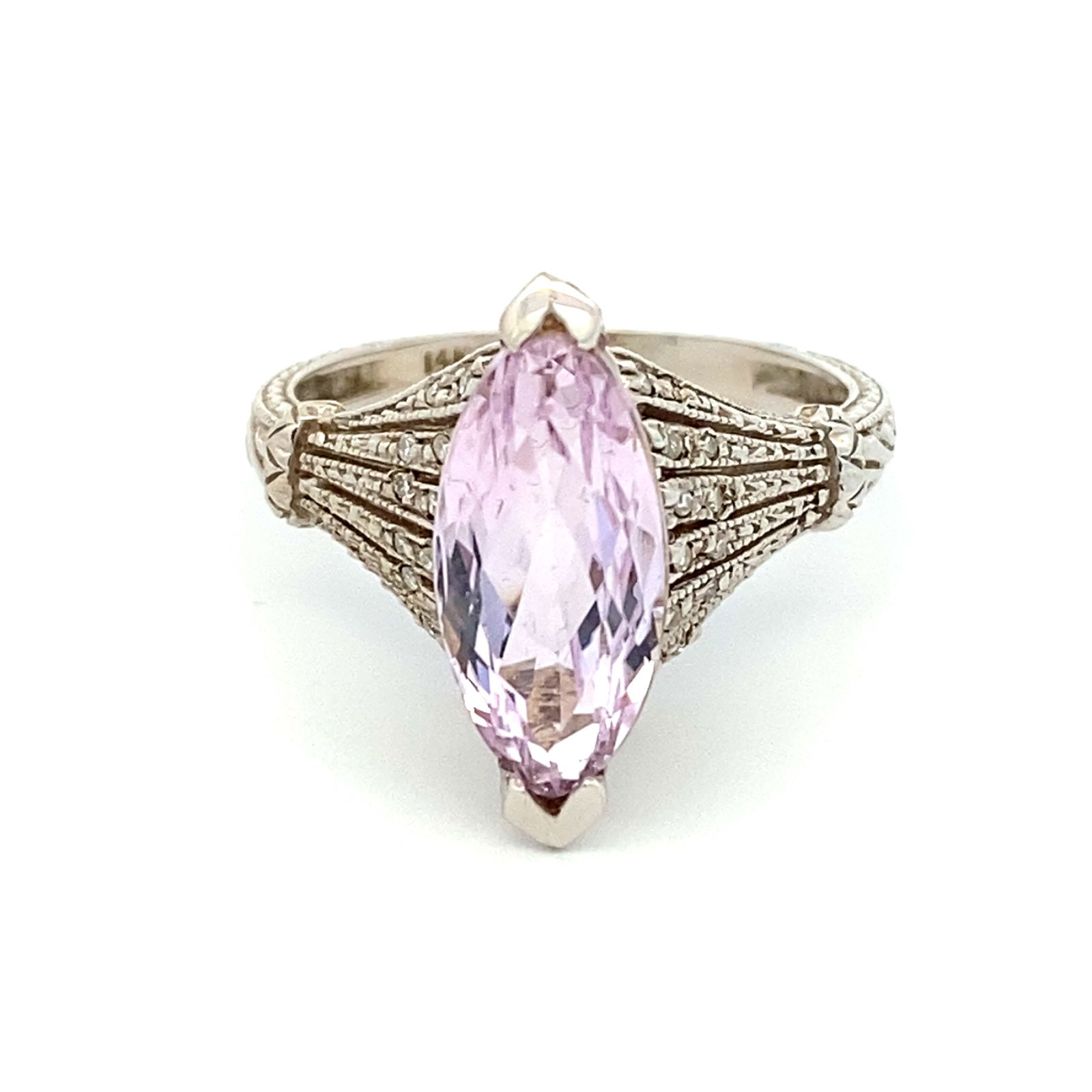 14K White Gold, Kunzite Diamond Art Deco Style Ring (1 of 6)