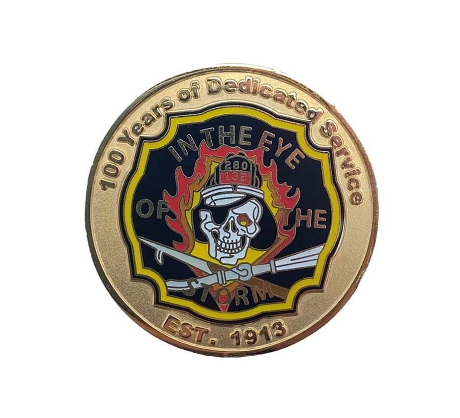 FDNY Engine 280 100 Years In the Eye of the Storm Challenge Coin: FDNY Engine 280 "In the Eye of the Storm" 100 Years of Dedicated Service challenge coin. From the collection of Brandon Webb.