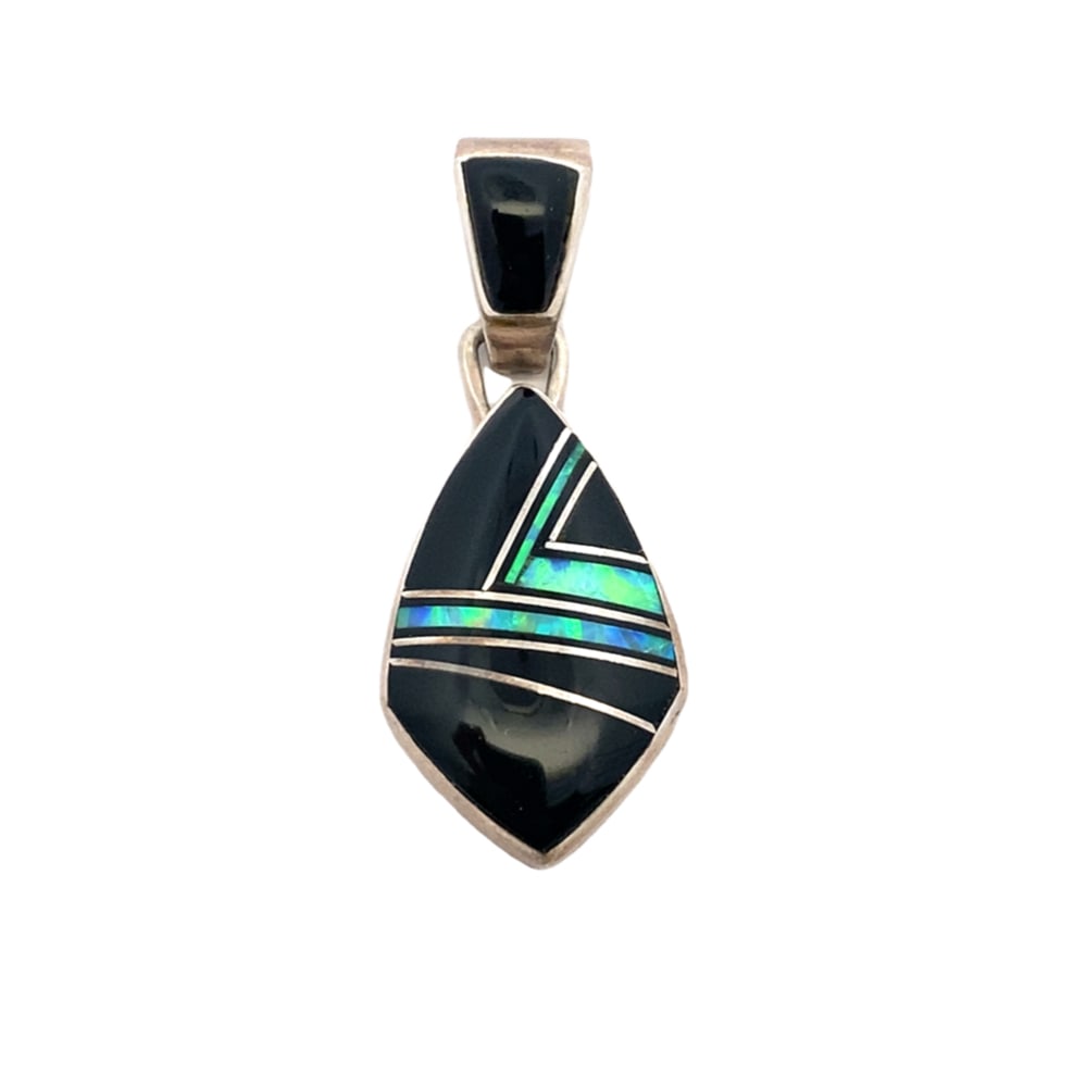 Native American "C. Webster" Silver Onyx and Opal Inlay Pendant: Sterling silver Native American artisan "C. Webster" onyx and opal inlay pendant, 1.25"L, 3.81g