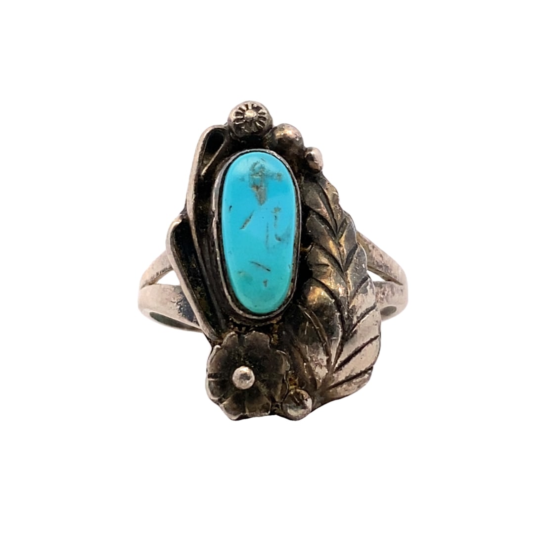 Flower and Feather Sterling Silver Turquoise Ring (1 of 5)
