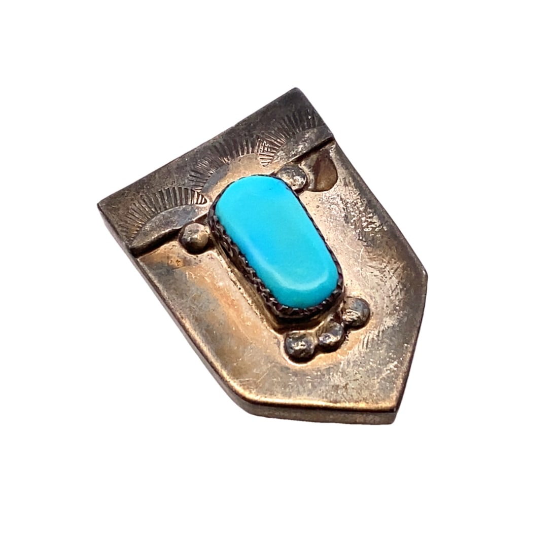 Vintage Sterling Silver Turquoise Belt Tip: Vintage sterling silver belt tip, with oval turquoise gemstone, 1.25"L x 0.75"W, 8.75g