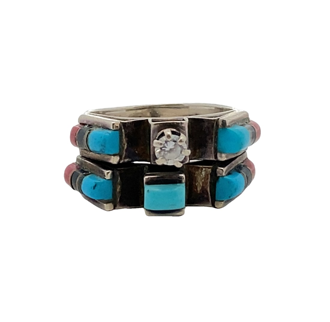 Multi-Stone and CZ Sterling Silver Ring: Sterling silver turquoise, coral, onyx inlay ring with CZ stone, size US 6, 4.8g