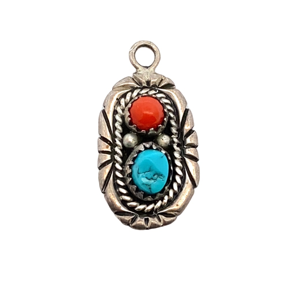 Coral and Turquoise Sterling Silver Pendant: Sterling silver Native American coral and turquoise pendant, with artisan stamp "EM", 1"L, 2.41g