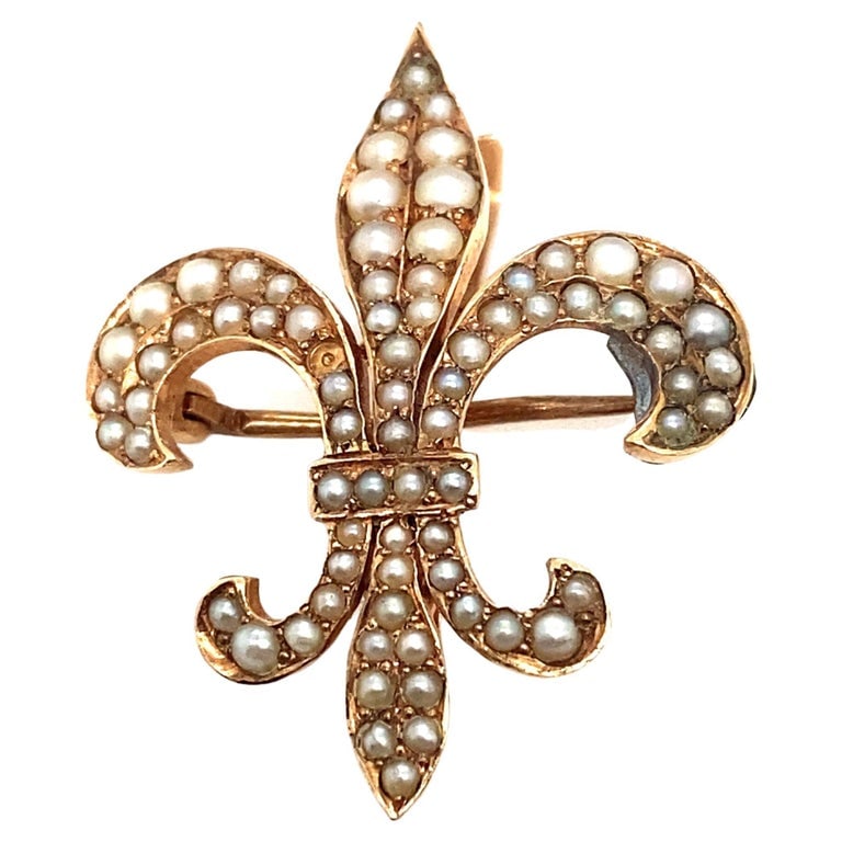 Circa 1890s French Fleur de Lis Seed Pearl Brooch in 14 Karat Yellow Gold (1 of 6)